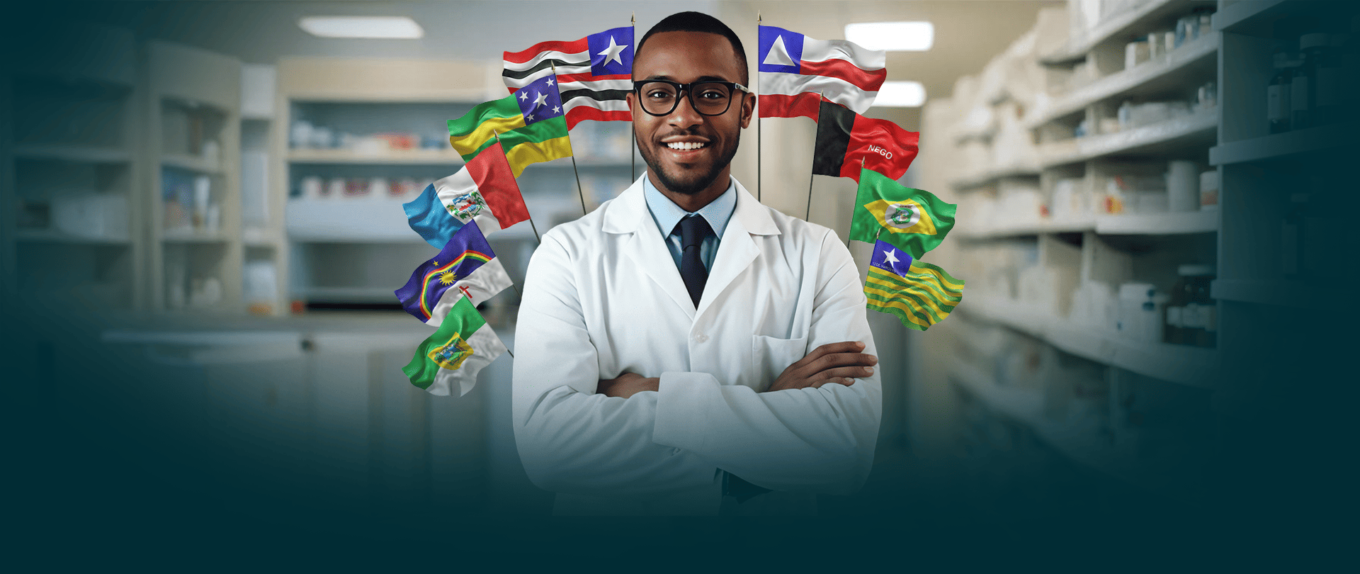 Homem com braços cruzados com várias bandeiras de vários países.