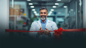 Farmacêutico feliz por abertura de nova farmácia