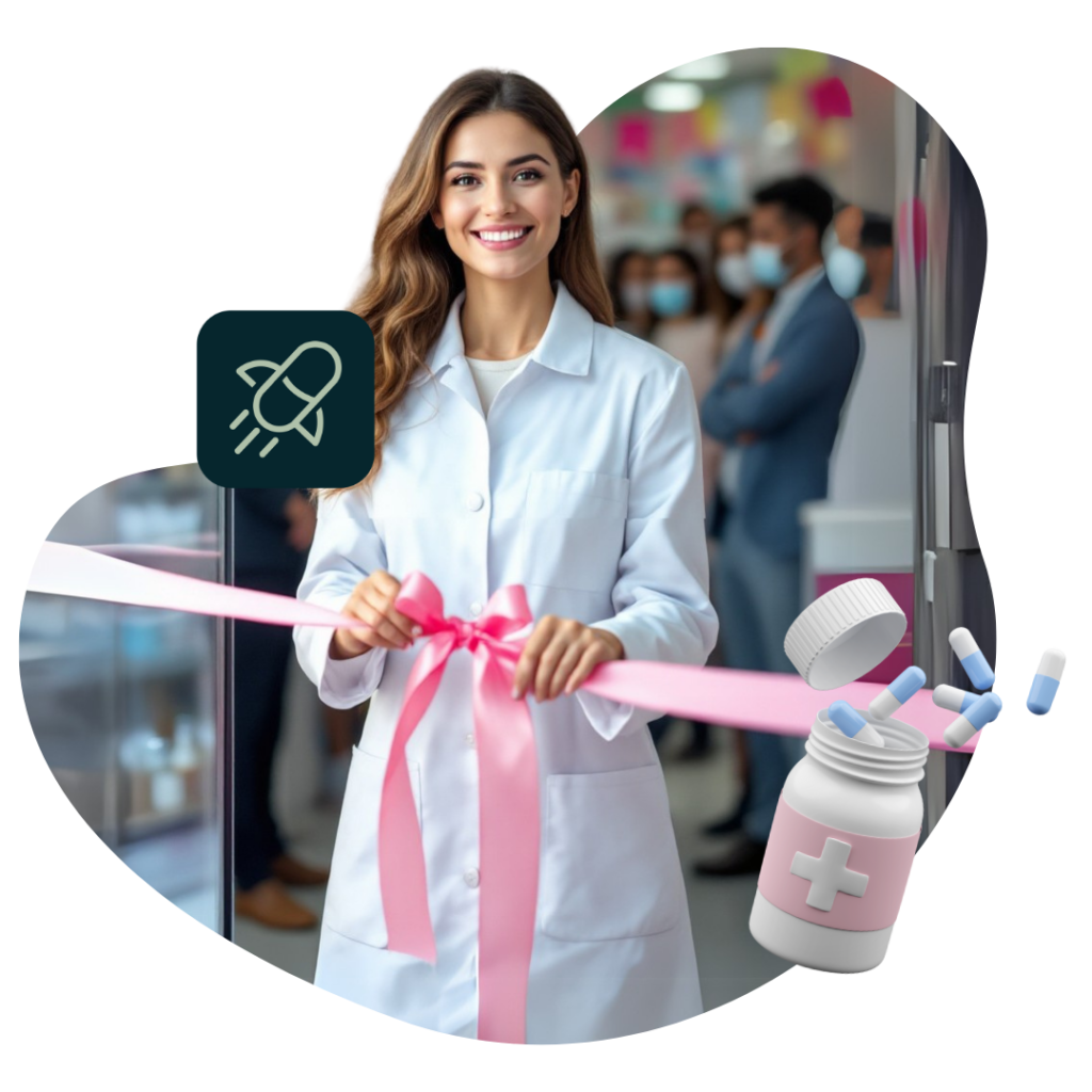 Mulher sorrindo com as mãos em faixa de inauguração.